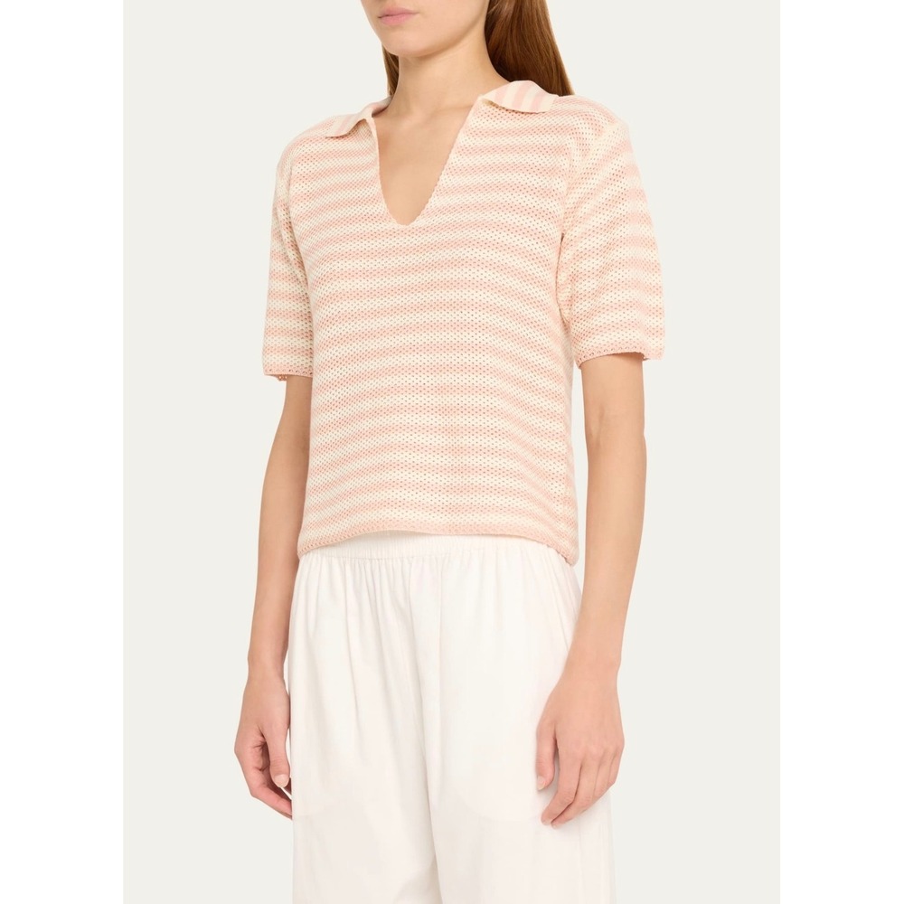 Kule Womens Striped Knit Polo Short Sleeve V-Neck Cotton Sweater Pink Cream M